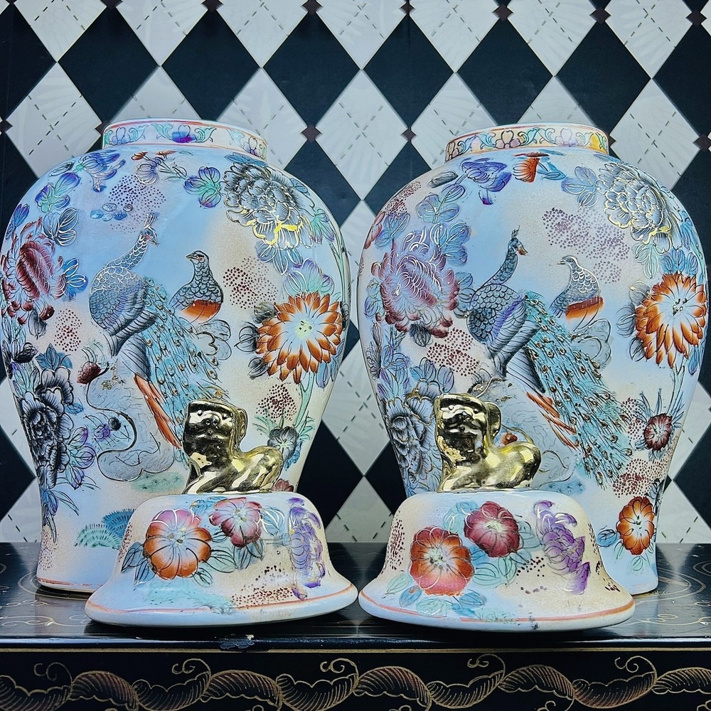 Vintage Chinoiserie Peacock Ginger Jars Gold Foo Dog Lid Pair 15.5" - Picture 7 of 17